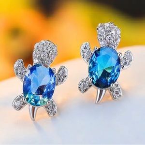 Sea Turtle Gem Rhinestone Beach Stud Blue Green Gradient Ocean Earrings